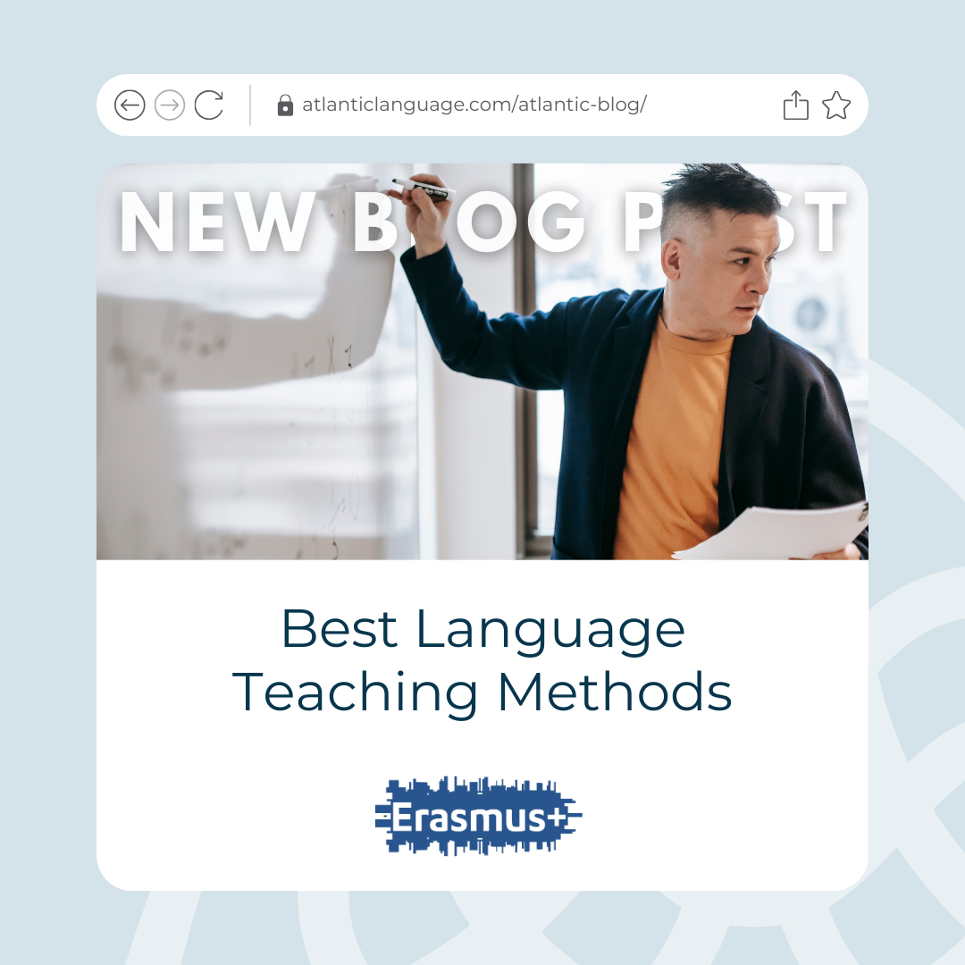 Picture of a man writing on a whiteboard with the text "Best Language Teaching Methods".